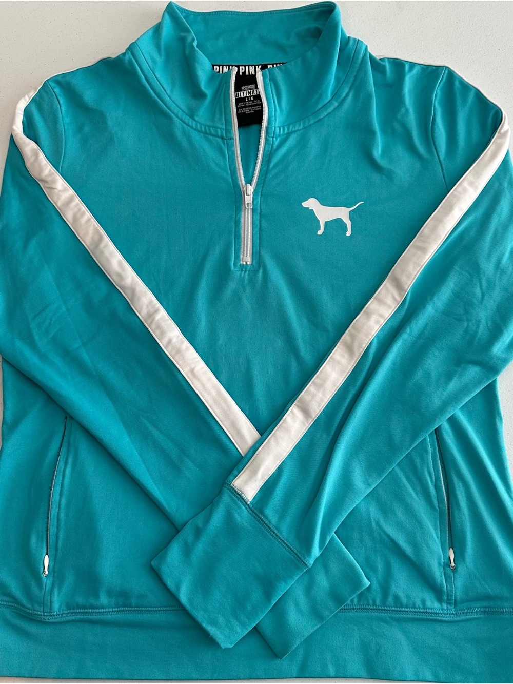 Victoria's Secret Teal Half-Zip Pullover with White Stripe and Dog Logo